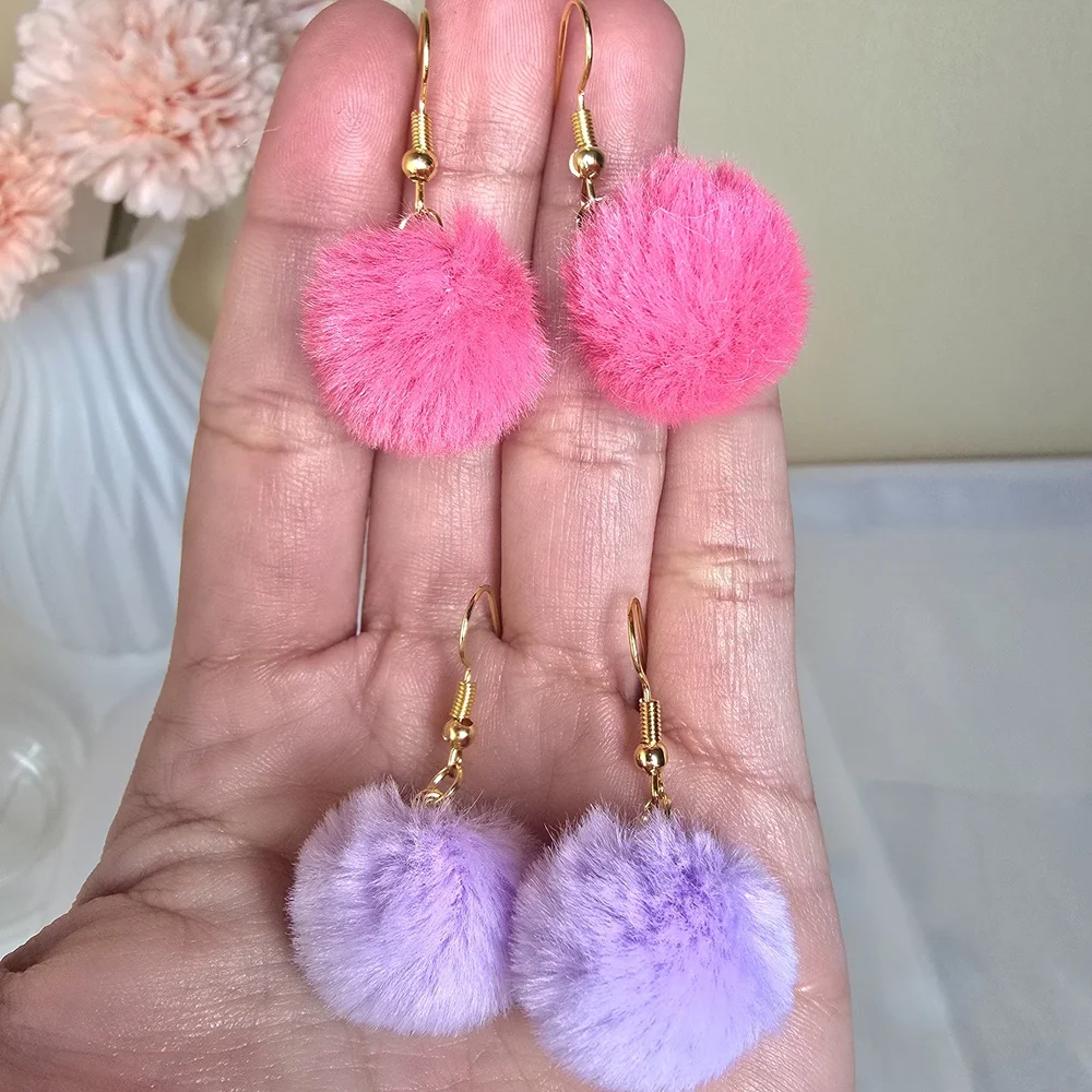 2 Pairs Pink and Purple Pom Pom Earrings